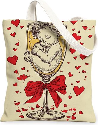 Generic ValentineS Day Heart Print Canvas Tote Bags, Romantic Love Design Lightweight Washable Shopping Bags, Festive Chic Stylish, Beige, 13x15 Inch
