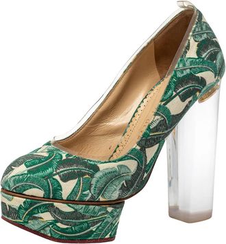 Charlotte Olympia Green Leaves Printed Canvas And Pvc Mabel Platform Pumps
