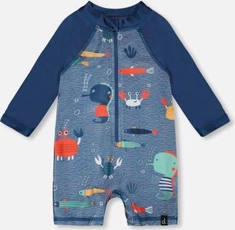 Deux par Deux One-Piece Long Sleeve Printed Marine Animals Rashguard in Blue Printed Marine Animals at Nordstrom, Size 12-18M