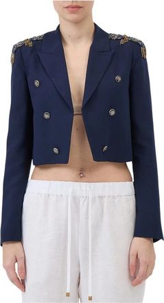 Ermanno Scervino Marineblauwe cropped jas met versieringen - Dames - Blazers - Blauw - XS - Polyester - Jassen