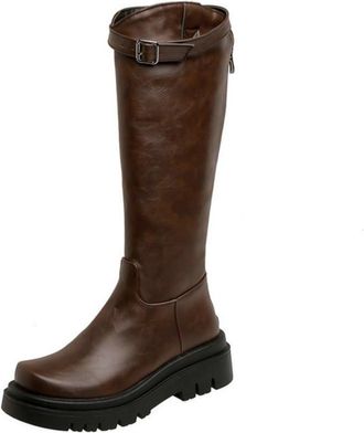 Generic Womens Knee High Riding Boots with Chunky Platform, Buckle Detail & Square Toe, Casual Style,Brown,7.5 UK