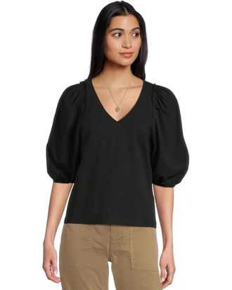 Madewell T-Shirt Womens Black 100% Cotton Puff Sleeve V-Neck Blouse DDR2118