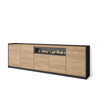 Skraut Home Aparador efecto madera roble y negro 263x37x80cm chimenea efecto fuego