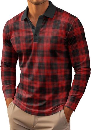 Generic Long Sleeve Polo Shirts for Men Plaid Shirts Button Down T-Shirt 2026 Business Office Blouses Casual Pullover Tops Camisas Hombres(Red, S)
