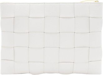 Bottega Veneta White Intrecciato Leather Cassette Medium Flat Zip Pouch (Authentic Pre-Loved)