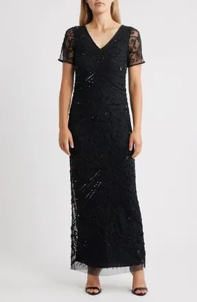 Pisarro Nights Beaded Mesh Gown in Black at Nordstrom Rack, Size 16