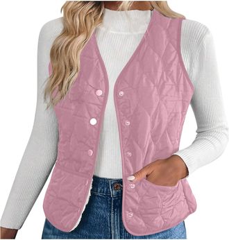 Generic Gilet for Women Fleece Lined Vest Sleeveless Button Down V Neck Jacket Sherpa Fluffy Thermal Waistcoat Lightweight Body Warmer Outdoor Vest Cozy Quilt