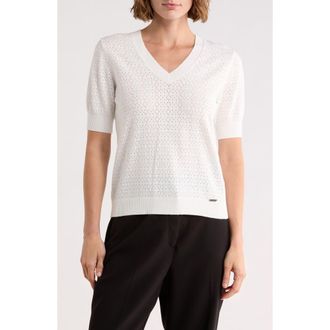 T Tahari V-Neck Mitered Pointelle Sweater in Birght White at Nordstrom Rack, Size X-Small