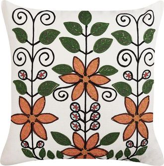 Beliani Coj&iacute;n De Algod&oacute;n Blanco Naranja Verde Negro 50 X 50 Cm Patr&oacute;n Floral Vellore