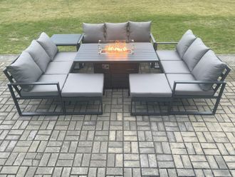Fimous Aluminium 11 Seater Garden Furniture Outdoor Set Patio Lounge Sofa Gas Fire Pit Dining Table Set with 2 Big Footstools Side Table