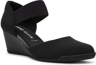 Anne Klein Tiffany Ankle Strap Wedge Pump in Black Stretch at Nordstrom, Size 6.5