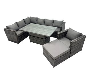 Fimous 8-seater Rattan Garden Furniture Dining Set with Big Stool in Dark Grey