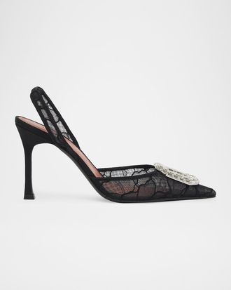 Amina Muaddi Camelia Lace Crystal Slingback Pumps