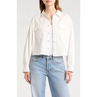 Re/Done Camper Raw Hem Crop Snap-Up Twill Shirt in Blanco at Nordstrom, Size X-Small