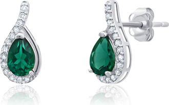 MAX + STONE 14k Yellow or White Gold Gemstone Pear Shape Drop Stud with Diamonds Accents