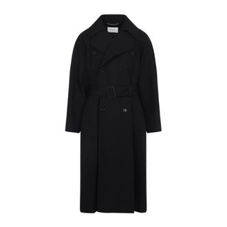 Saint Laurent Belted Coats, male, Black, M, Black Wool Coat Aw25