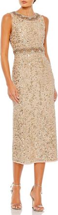 Mac Duggal Embellished Sleeveless High Neck Midi Dress in Gold at Nordstrom, Size 2