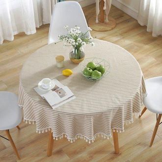 OEM Mantel Redondo Antimanchas De Algod&oacute;n Y Lino, Lavable, Con Borlas, Textura De Lino, Fiestas, Jardines, Etc, 150 Cm De Di&aacute;metro, Rayas Azules