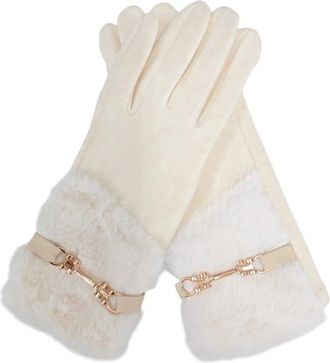Generic Women Gold Chain Faux Fur Gloves Cashmere Wool Fur Trim Soft Warm Gloves (Cream)