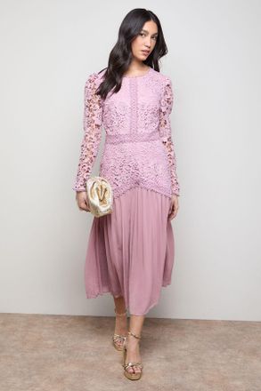 Oasis Womens Lace Bodice Pleated Skirt Long Sleeve Midi Dress - Light Pink - Size 10 UK