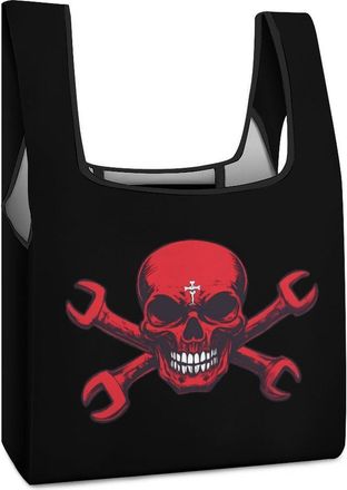 Generic Mechanic Skull Wrench Garage Reusable Shopping Bags Lightweight Foldable Grocery Bag Polyester Washable Tote Bag