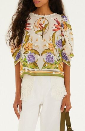 Farm Rio Tropical Print Lace Trim Top in Sand at Nordstrom, Size X-Small