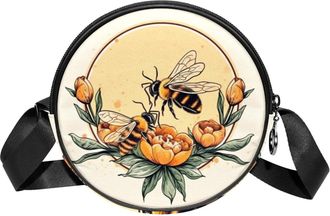 Generic Circle Crossbody Bag for Women, Honey Bee Small Sling Bag Daypack with Zipper Adjustable Shoulder Straps Casual Ladies Girls Round Purse