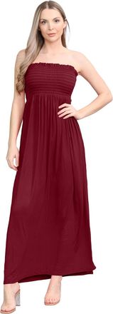 Janisramone Womens Plain Maxi Dress, Bandeau Boobtube Dress, Sheering Gathered Strapless Dresses, Long Summer Dresses for Women UK, Women Casual Wear Wine