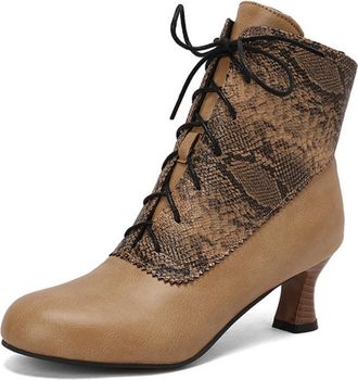 Generic Womens Vintage Round Toe Lace Up Ankle Boots Mid Kitten Heels PU Leather Side Zip Comfortable Non Slip For Retro Party Cosplay Daily Wear,Yellow,4.5 U