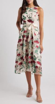 Tahari by ASL Embroidered Midi Cocktail Dress in Nude Sangria at Nordstrom Rack, Size 14