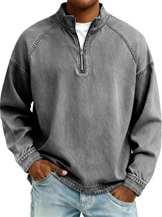 Generic DENGJIAMY Mens Quarter Zip Pullover Fashion Collar Denim Shirt Long Sleeve Classic Casual Jean Tops Winter Tops Plus Size Vintage Sweatshirt (Grey, XX