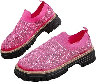 Generic Womens Knitted Mesh Platform Slip On Rhinestone Loafers, Fashion Glitter Chunky Heel Sneakers, Casual Slip-On Walking Shoes for Work Driving (Rose Red
