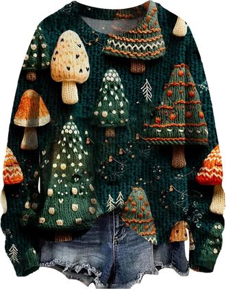 Generic Jumpers for Women UK Holiday Essentials for Family Christmas Jumpers for Women Plus Size Long Sleeve Knit Sweater Fashion Christmas Artistic Print Swe