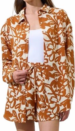 Sugarlips Marida Caramel Floral Dalton Boyfriend Button Down Shirt In Cream Brown