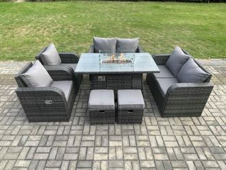 Fimous Rattan Outdoor Garden Furniture Sofa Set Gas Fire Pit Dining Table Gas Heater with Love Sofa 2 Small Footstool 8 Seater in Dark Grey