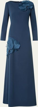 Akris Organza Anemone Corsage Long-Sleeve Crepe Gown