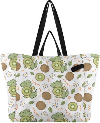 Generic Cute Dragon Kiwi White print Reusable Canvas Tote Bag, Heavy Duty Grocery Shopping Bag with Large Capacity Double Handles Hard Bottom Work Groceries T