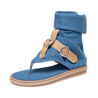 Generic Eestfy Womens Denim Ankle Wrap Gladiator Sandals Buckle Strap Thong Toe Flat Court Shoes Casual Dress Sandals Side Zipper Summer for City Travel & Dai