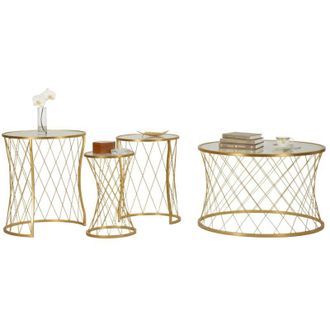 Dmora Dmora - Set di 4 tavolini da salotto Ibar, Tavolo basso da caff&egrave;, Portariviste per divano, Ripiano da soggiorno, 70x70 h55 cm, Oro