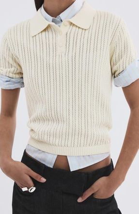 Mango Open Stitch Cotton Polo Sweater in Ecru at Nordstrom, Size X-Small