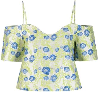 Ganni floral jacquard off-shoulder blouse - women - Recycled Polyester/Polyester/Polyamide - 36 - Grey