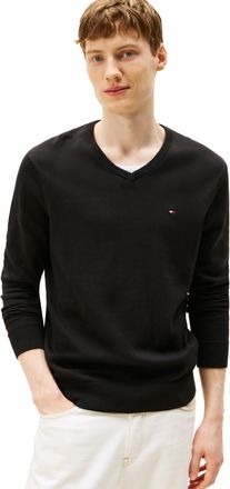 Tommy Hilfiger Mens Cotton Solid V Neck Sweater Lightweight Pullover, Black, Large