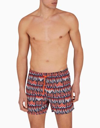 Emporio Armani Mens Emporio Armani Large Logo Beach Shorts - Macrologo Blue Orange - Size: 35/34/32