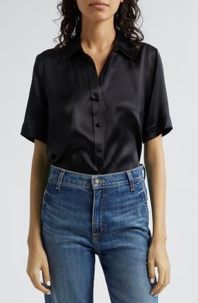 L'agence Elah Short Sleeve Silk Shirt in Black at Nordstrom, Size Large