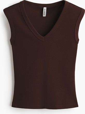 H&M Geripptes Tanktop mit V-Ausschnitt - Dunkelbraun
