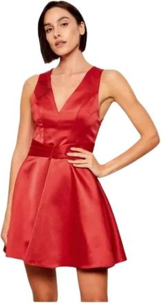 Elisabetta Franchi Mini Duchesse Jurk met Geborduurde Veren - Dames - Feestkleedjes - Rood - M - Polyester - Kleedjes