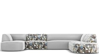 CXL by Christian Lacroix 7-Sitzer Designer Panorama Sofa Charles, Light Grey/ Garden Light Blue Pattern