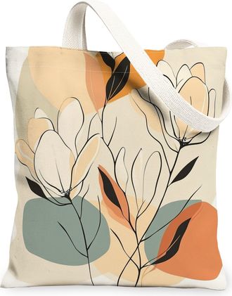 Generic Mid Century Magnolias Flower Canvas Tote Bag for Shopping 13x15, Retro Funky Groovy Floral Reusable Grocery Print Pattern Bag for Women, Bohemian Beac