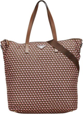 Prada Brown Pink Nylon Leather Shoulder Bag Tote Bag (Pre-Owned)