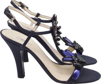 Prada Jewel-Embellished Ankle Strap Sandal Heels in Navy Blue Satin